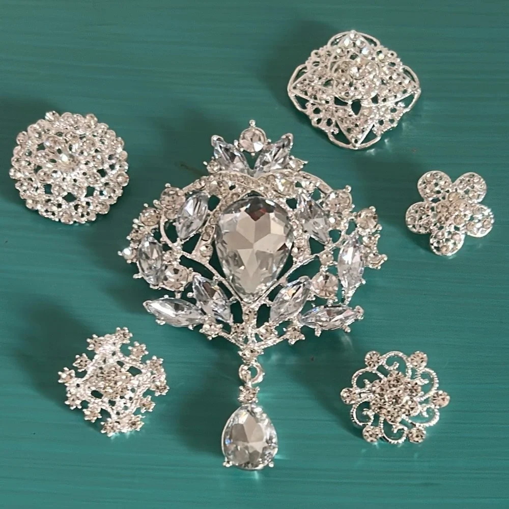 Bridal Wedding Prom Formal 6 Piece Rhinestone Silver Floral Brooch Set - Picture 9 of 9